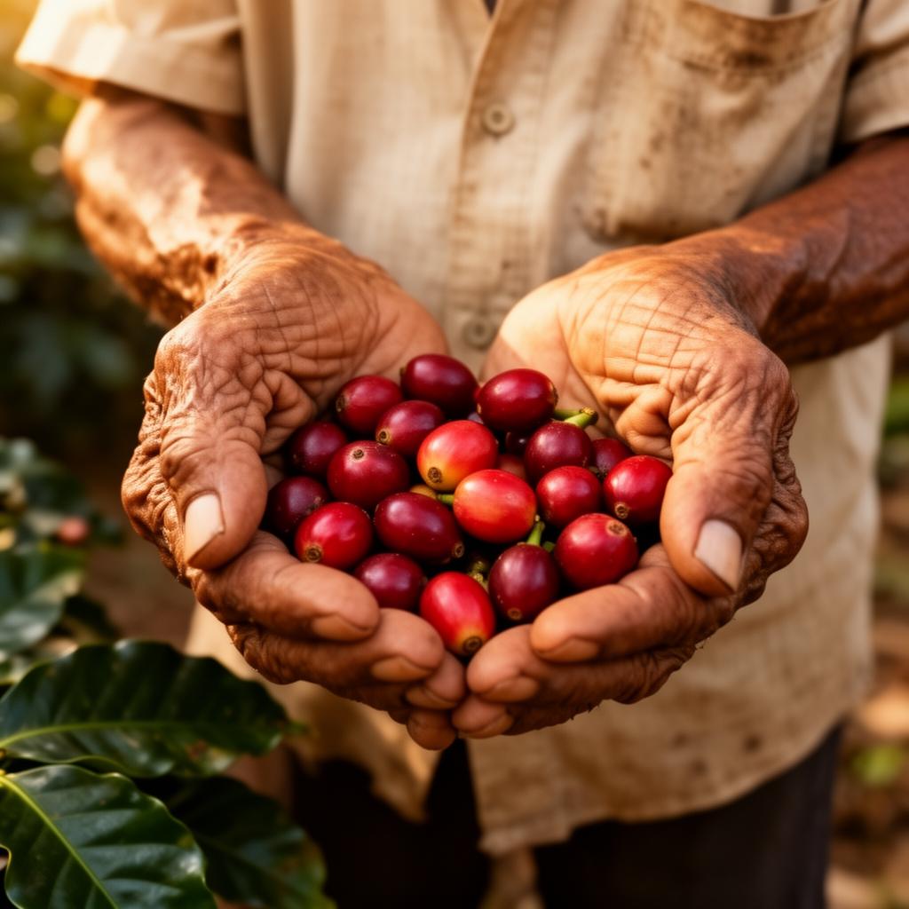 Weathered farmer hands cradling fresh Liberica coffee cherries