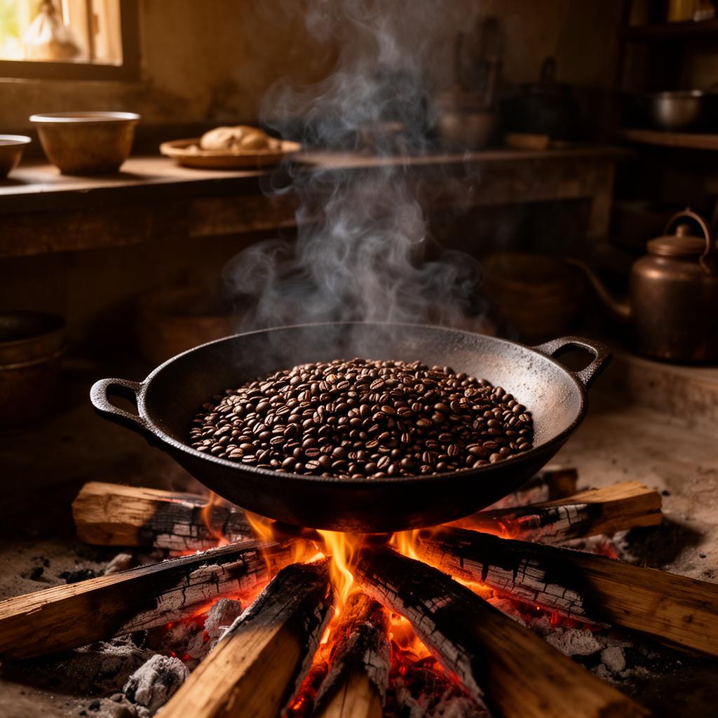 Liberica coffee beans roasting in heritage kawa over open fire